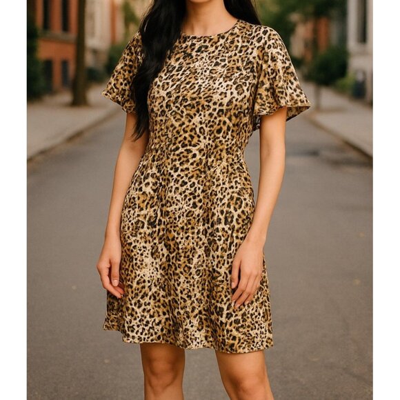 Banana Republic Womens Animal Print Dress Size 2 Leopard Pattern Short Sleeve - Picture 1 of 9